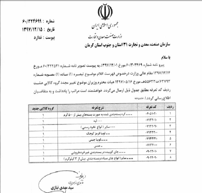نامه وزارت صنعت