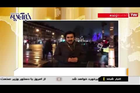 پوستر حاج قاسم سلیمانی در دست معترضان جلیقه‌زرد پاریسی + ویدئو